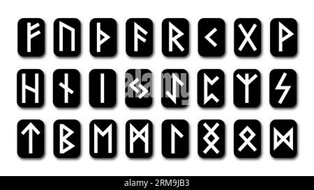 Ensemble de runes scandinaves vieux nordistes. Alphabet runique, futhark. Symboles occultes anciens, lettres vikings sur blanc, police rune. Illustration vectorielle avec li Illustration de Vecteur