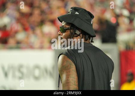 Tampa Bay, Floride, États-Unis, 26 août 2023, le quarterback des Ravens de Baltimore Lamar Jackson au Raymond James Stadium. (Crédit photo : Marty Jean-Louis/Alamy Live News Banque D'Images