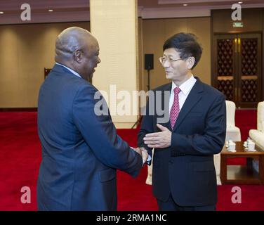 (140610) -- PÉKIN, 10 juin 2014 (Xinhua) -- Meng Jianzhu (à droite), membre du bureau politique du comité central du Parti communiste chinois (PCC) et chef de la commission des affaires politiques et juridiques du comité central du PCC, rencontre le ministre tanzanien des affaires intérieures Mathias Chikawe à Beijing, capitale de la Chine, le 10 juin 2014. (Xinhua/Wang Ye) (zkr) CHINA-MENG JIANZHU-TANZANIA-CHIKAWE-MEETING(CN) PUBLICATIONxNOTxINxCHN Beijing juin 10 2014 XINHUA Meng Jianzhu r membre du bureau politique du Comité central du Parti communiste chinois du PCC et chef de la Commission Banque D'Images