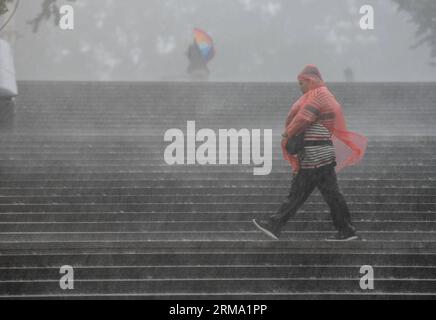 (140610) -- PÉKIN, 10 juin 2014 (Xinhua) -- Un piéton marche sous la pluie devant le Centre national des arts de la scène (NCPA) à Pékin, capitale de la Chine, le 10 juin 2014. Une pluie torrentielle a frappé la capitale mardi après-midi. (Xinhua/Luo Xiaoguang) (hdt) CHINA-BEIJING-RAINFALL (CN) PUBLICATIONxNOTxINxCHN Beijing juin 10 2014 XINHUA marche à pied dans la pluie devant le Centre national des arts de la scène NCPA à Beijing capitale de la Chine juin 10 2014 une pluie torrentielle a frappé la capitale mardi midi XINHUA Luo Xiaoguang HDT Chine Beijing pluie CN PUBLICATIONxNOTxINxC Banque D'Images