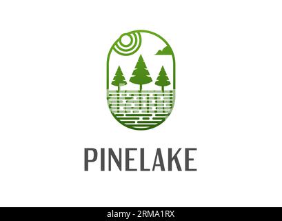 Présentation du modèle de conception de logo de paysage de nature de Pinelake Outdoor, logos de paysages naturels de cadre ovale pour l'entreprise ou l'entreprise, lac de pin Illustration de Vecteur