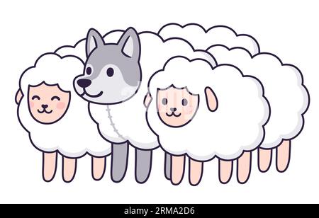 Loup en vêtements de mouton. Mignon troupeau de bande dessinée de moutons et de loup déguisés. Illustration clip art vectorielle drôle. Illustration de Vecteur