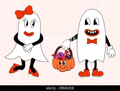 Rétro 70s 60s 80s hippie Groovy Halloween Ghosts fille et garçon amoureux. Citrouille avec des bonbons. Vecteur plat. Illustration de Vecteur