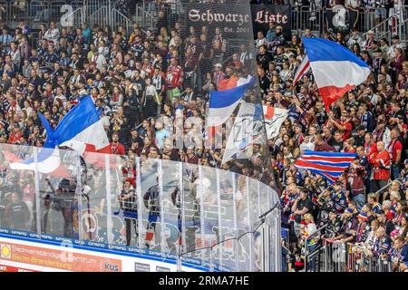 Berlin, Allemagne. 27 août 2023. Hockey sur glace : DEL, test match, Eisbären Berlin - HC Sparta Prague, Mercedes-Benz Arena. Les fans berlinois célèbrent leur équipe. Crédit : Andreas Gora/dpa/Alamy Live News Banque D'Images