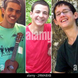 (140701) -- JÉRUSALEM, 30 juin 2014 (Xinhua) -- étudiants israéliens du séminaire Naftali Frankel (R), 16 ans, qui est également citoyen américain, Gilad Shaer (C), 16 ans, et Eyal Yifrah, 19 ans, sont visibles dans ce combo de photos de famille non datées publiées le 16 juin 2014. Les forces de sécurité israéliennes ont découvert dans la soirée du 30 juin que les corps de trois adolescents israéliens, disparus le 12 juin, près de Hébron en Cisjordanie, ont confirmé les militaires. Les corps d'Eyal Yifrach, de Naftali Frankel et de Gilad Shaer, 19 ans, tous deux âgés de 16 ans, ont été retrouvés dans les collines de Judée, dans le sud de la Cisjordanie, au nord d'Hébron, b Banque D'Images