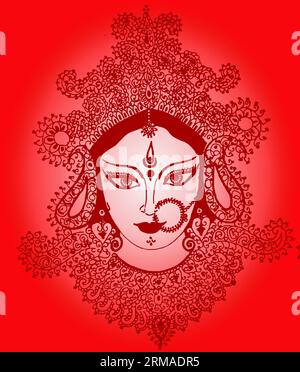 Joyeux Durga Puja Salutations y compris image graphique de peinture faite à la main de la déesse Durga avec espace de copie. Banque D'Images