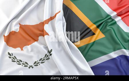 Drapeaux volants de Chypre et d'Afrique du Sud. Rendu 3D. Banque D'Images