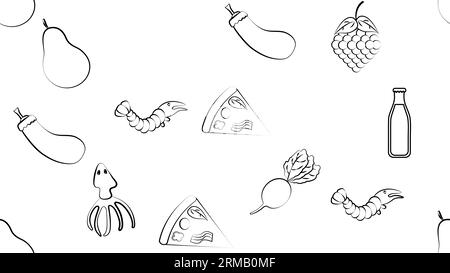 Noir et blanc sans fin motif de nourriture et d'en-cas icônes ensemble pour le restaurant bar café: Crevettes, pizza, raisins, radis, soda, calmar, poire. T Illustration de Vecteur