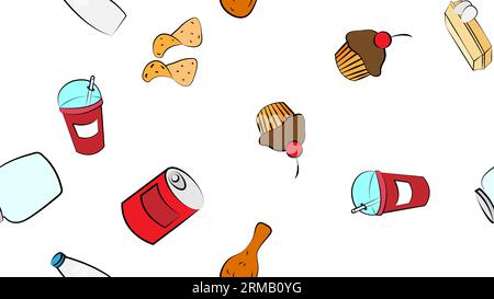 Blanc sans fin motif de délicieux plats et des en-cas icônes pour le café du restaurant : lait, boîte, cupcake, œufs, poulet, chips, soda, le Illustration de Vecteur