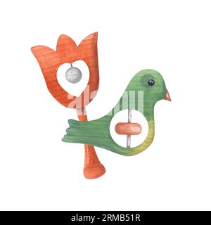 Composition de deux hochets en bois pour enfants. Pouf, oiseau, jouets en bois. Divertissement pour bébés. Amusant. Illustration aquarelle isolée sur blanc Banque D'Images