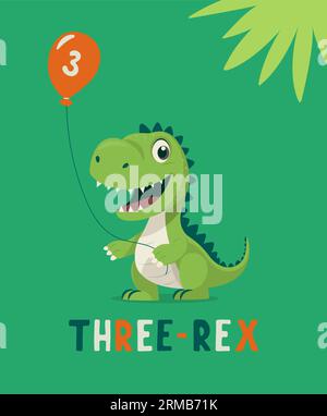 Dinosaure Tirannosaur trois Rex. Dessin animé Tirex. Carte d'anniversaire pour un enfant de trois ans. Motif vectoriel mignon et amusant dessin animé Dinosaur Illustration de Vecteur