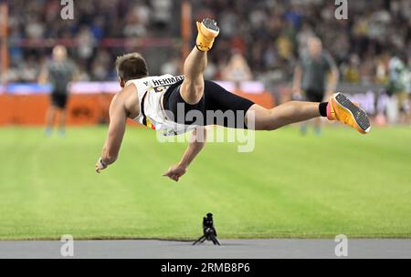 Budapest, Hongrie. 27 août 2023. Le Belge Timothy Herman photographié lors de la finale de l'épreuve de lancer du javelot aux Championnats du monde d'athlétisme à Budapest, en Hongrie, le dimanche 27 août 2023. Les mondiaux se déroulent du 19 au 27 août 2023. BELGA PHOTO ERIC LALMAND crédit : Belga News Agency/Alamy Live News Banque D'Images