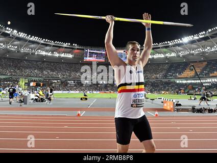 Budapest, Hongrie. 27 août 2023. Le Belge Timothy Herman photographié lors de la finale de l'épreuve de lancer du javelot aux Championnats du monde d'athlétisme à Budapest, en Hongrie, le dimanche 27 août 2023. Les mondiaux se déroulent du 19 au 27 août 2023. BELGA PHOTO ERIC LALMAND crédit : Belga News Agency/Alamy Live News Banque D'Images