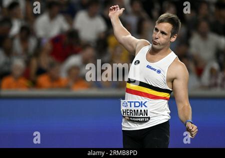 Budapest, Hongrie. 27 août 2023. Le Belge Timothy Herman photographié lors de la finale de l'épreuve de lancer du javelot aux Championnats du monde d'athlétisme à Budapest, en Hongrie, le dimanche 27 août 2023. Les mondiaux se déroulent du 19 au 27 août 2023. BELGA PHOTO ERIC LALMAND crédit : Belga News Agency/Alamy Live News Banque D'Images