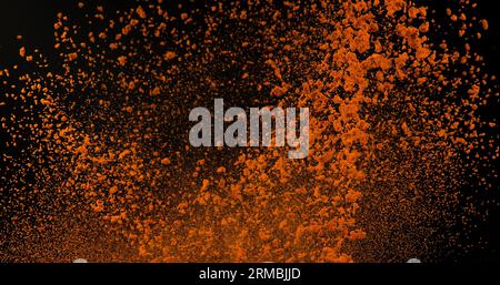 Curcuma, curcuma longa, poudre tombant sur fond noir, épices indiennes Banque D'Images