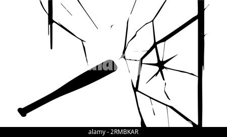 Vandalisme, hooliganisme. Une batte de baseball brise une fenêtre de verre, la fenêtre se fissure. Crime de rue, agression, dégâts, vol. Vecteur. Silhouette. Noir Illustration de Vecteur