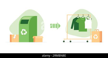 Procédé de recyclage et de réutilisation de textiles. Mode durable, lente et écologique. Conteneur de recyclage et magasin de vêtements. Illustration vectorielle. Illustration de Vecteur