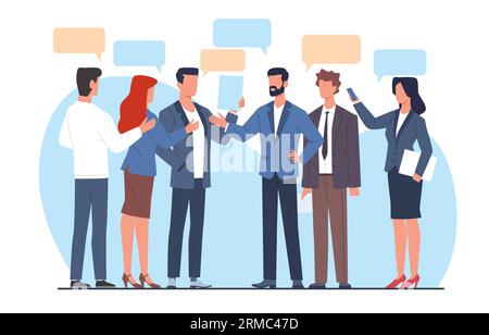 Hommes et femmes d'affaires, hommes et femmes qui se parlent. Bulles de parole vides. Processus de brainstorming, discussion et communication, groupe d'employés Illustration de Vecteur