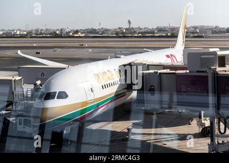 Transporteur aérien Gulfair Gulf sur tarmac, relié par un couloir menant au bâtiment de l'aéroport. Aéroport de Dubaï Émirats arabes Unis Banque D'Images