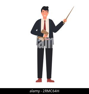 Homme enseignant en costume avec bâton de pointage. Professeur d'université expliquant l'illustration vectorielle de leçon Illustration de Vecteur