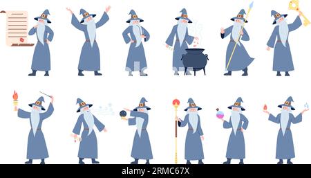 Vieux sorcier, sorcier médiéval personnages de dessins animés. Homme magicien faisant de la magie et porter un costume magique. Ensemble de vecteurs récents de druide mâle à plat Illustration de Vecteur