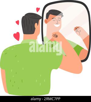 Concept d'acceptation de soi, aimez-vous. Personne heureuse regardant dans le miroir. Jeune homme avec une perception saine de soi. Illustration vectorielle de l'estime de soi de l'homme de soin positif et heureux Illustration de Vecteur