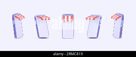 Auvents pour smartphone. téléphone 3d avec canopée colorée de magasin d'été, auvents rayés de magasin de kiosque mobile, ombre de toit de tente de vente d'internet numérique d'ombre de toit décent illustration de vecteur de magasin mobile Illustration de Vecteur