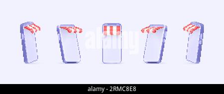 Auvents pour smartphone. téléphone 3d avec canopée colorée de magasin d'été, auvents rayés de magasin de kiosque mobile, ombre de toit de tente de vente d'internet numérique d'ombre de toit décent illustration de vecteur de magasin mobile Illustration de Vecteur