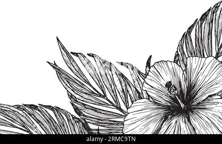 Illustration vectorielle de fleurs et de feuilles tropicales. Clipart d'hibiscus, feuille de palmier, modèle d'encre sans fond. Eléments isolés pour la conception Illustration de Vecteur