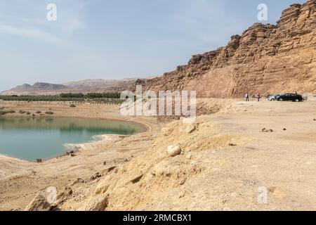 Voitures de tourisme garées à Salty Rocks Strtraction touristique sur le rivage de la mer Morte en Jordanie Banque D'Images