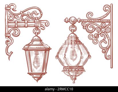Lanterne rétro. Croquis du réverbère. Style de gravure d'illustration vectorielle vintage Streetlight Illustration de Vecteur