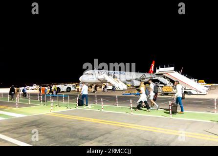 Passagers marchant pour monter à bord d'un avion sur le tarmac dans l'aérodrome de l'aéroport d'Aqaba. Transporteur aérien turc dans la nuit, aéroport d'Aqaba Jordanie Banque D'Images