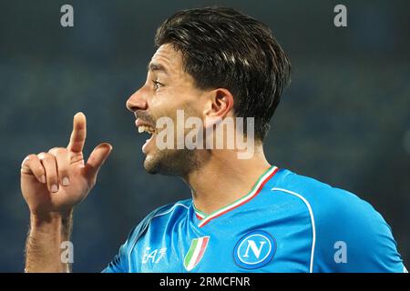 Napoli, Italie. 27 août 2023. Giovanni Simeone joueur de Naples, lors du match de la ligue italienne de Serie A entre Napoli vs Sassuolo résultat final, Napoli 2, Sassuolo 0, match joué au stade Diego Armando Maradona. Crédit : Vincenzo Izzo/Alamy Live News Banque D'Images