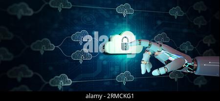 Ai Robot hand pointing Cloud computing technology internet storage network. Data information on cloud to backup storage internet data. Stock Photo