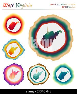 Collection de logo West Virginia. Badge coloré de l'état américain. Couches autour de la forme de la frontière de Virginie-occidentale. Illustration vectorielle. Illustration de Vecteur