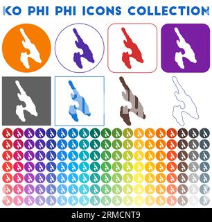 Collection d'icônes Ko Phi Phi. Icônes de cartes tendance colorées et lumineuses. Écusson moderne de l'île. Illustration vectorielle. Illustration de Vecteur