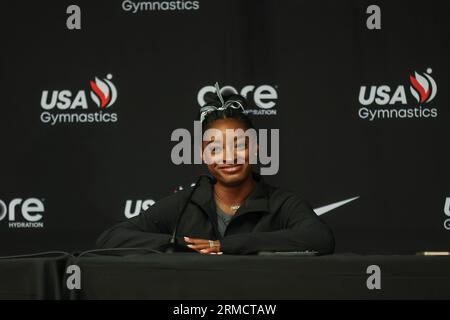 27 août 2023 : Simone Biles, gagnante de tous horizons, s'adresse aux médias après les Championnats américains de gymnastique 2023 au SAP Center à San Jose, CA. Kyle Okita/CSM Banque D'Images