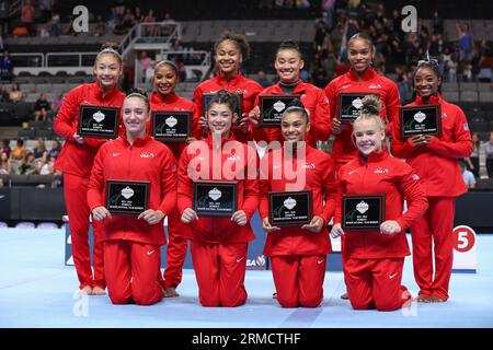 27 août 2023 : équipe nationale féminine des États-Unis 2023 après les Championnats américains de gymnastique au SAP Center à San Jose, CA. Kyle Okita/CSM Banque D'Images
