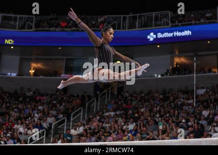 27 août 2023 : Jordan Chiles participe à la balancier lors de la Journée féminine 2 des Championnats américains de gymnastique 2023 au SAP Center à San Jose, CA. Kyle Okita/CSM Banque D'Images