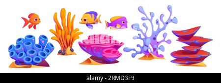 Plantes et animaux sous-marins - algues de couleur vive et algues, coraux et récifs, poissons. Ensemble d'illustration vectorielle de dessin animé d'aquarium ou d'océan et de créatures marines. Éléments tropicaux de la vie marine. Illustration de Vecteur
