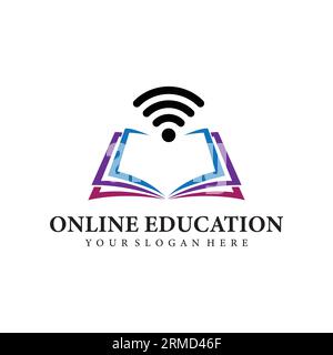 Modèle de logo d'éducation en ligne. Conception vectorielle d'apprentissage à distance. Illustration du livre ouvert et signal Wi-Fi. Illustration de Vecteur