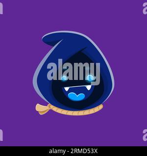 Personnage emoji de dessin animé Halloween portant une capuche et une corde autour de son cou, exsudant une ambiance effrayante et espiègle. Vecteur isolé boucher ou monstre f Illustration de Vecteur