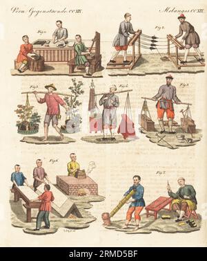 Métiers chinois, dynastie Qing, années 1800 Ink-Makers 1, cordeuses 2, fleuriste 3, barber 4, Peddler 5, papetiers 6, cordonnier et criminel dans un pilori 7. Copie d'une illustration d'Antoine Cardon dans la Chine en miniature de Jean Baptiste Joseph Breton, 1811. Gravure sur cuivre colorée à la main de Carl Bertuch's Bilderbuch fur Kinder (Livre d'images pour enfants), Weimar, 1815. Banque D'Images