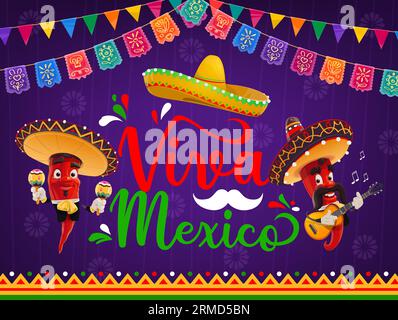 Bannière Viva Mexico avec des personnages musiciens de poivre mariachi, chapeaux sombrero et drapeaux picado papel, vecteur de dessin animé. fête mexicaine fiesta Funny Chili Illustration de Vecteur