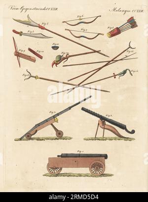 Armes à feu chinoises et autres armes. Grand canon d'artillerie 1, vieux canon 2, culverin 3, halberd 4, sabre de cavalerie 5, arcs 6,7, carquois 8, arbalète 9, fléchettes 10, boules de plomb 11, mousquet 12 et repos 13, main avec serpent symbolisant la prudence 14, et lances 15. Copie d'une illustration d'Antoine Cardon dans la Chine en miniature de Jean Baptiste Joseph Breton, 1811. Gravure sur cuivre colorée à la main de Carl Bertuch's Bilderbuch fur Kinder (Livre d'images pour enfants), Weimar, 1815. Banque D'Images