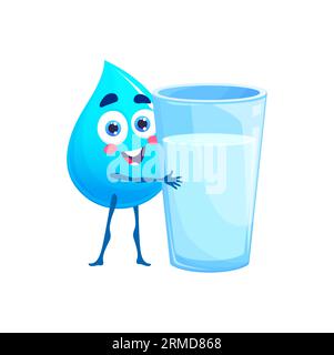 Personnage de goutte d'eau heureuse de dessin animé avec verre. Gouttelette d'eau bleue, goutte à goutte de liquide frais ou humidité pure, caractère heureux de vecteur isolé de goutte. Nettoyer aqu Illustration de Vecteur