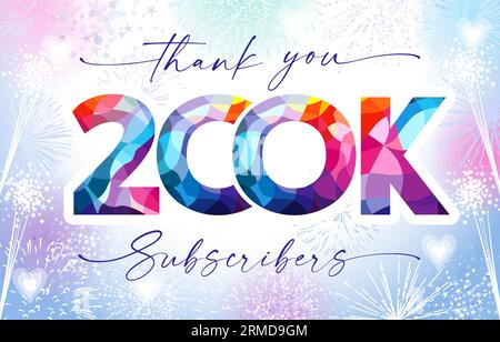 Merci 200k abonnés post de médias sociaux. Merci coloré pour 200,000 abonnés de réseautage. 200 000 signe. Numéro 100, lettre K icône créative Illustration de Vecteur