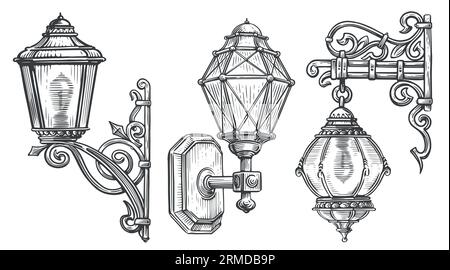 Lampadaire mural ancien. Style de gravure d'illustration vectorielle esquisse de lanterne vintage Illustration de Vecteur