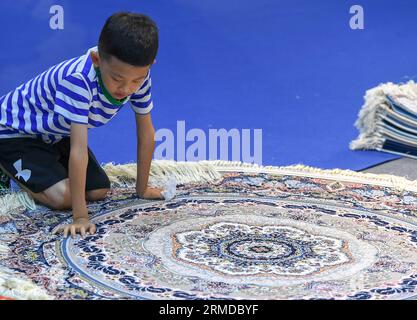 Changchun, province chinoise de Jilin. 23 août 2023. Un enfant touche un tapis d'Iran à la 14e exposition Chine-Asie du Nord-est à Changchun, dans la province de Jilin, dans le nord-est de la Chine, le 23 août 2023. Crédit : Zhang Nan/Xinhua/Alamy Live News Banque D'Images