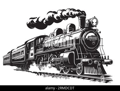 Vintage train à vapeur dessin à la main Passenger trans illustration... Illustration de Vecteur